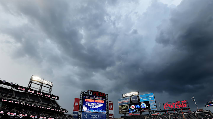 Aug 9, 2022; New York City, New York, USA; General view of storm clouds over Citi Field during a