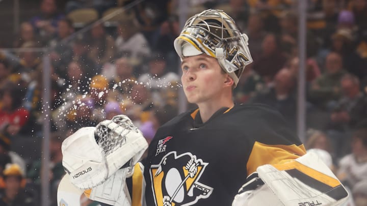 Nov 21, 2025; Pittsburgh, Pennsylvania, USA; Pittsburgh Penguins goaltender Sergei Murashov (1) reacts after surrendering a goal to the Minnesota Wild during the second period at PPG Paints Arena. Mandatory Credit: Charles LeClaire-Imagn Images
