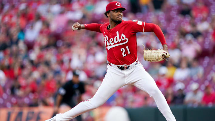 Cincinnati Reds pitcher Hunter Greene (21) throws a pitch in the first inning of the MLB game between the Cincinnati Reds and Milwaukee Brewers, Tuesday, June 3, 2025, at Great American Ball Park in Downtown Cincinnati. Cincinnati Reds pitcher Hunter Greene (21) throws a pitch in the first inning of the MLB game between the Cincinnati Reds and Milwaukee Brewers, Tuesday, June 3, 2025, at Great American Ball Park in Downtown Cincinnati.