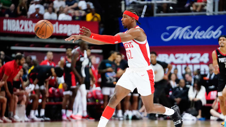Jul 7, 2023; Las Vegas, NV, USA; Houston Rockets guard/forward Nate Hinton (62) passes the ball against the Portland Trail Blazers during the second half at Thomas & Mack Center. Mandatory Credit: Lucas Peltier-USA TODAY Sports
