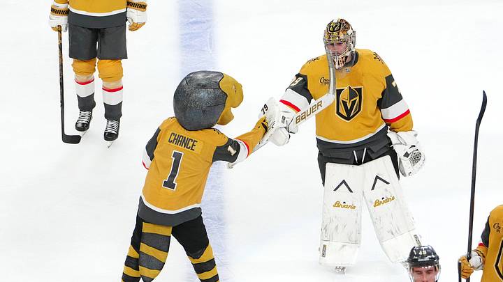 Apr 15, 2026; Las Vegas, Nevada, USA; Vegas Golden Knights goaltender Carter Hart (79) celebrates with Golden Knights mascot Chance after defeating the Seattle Kraken 4-1 at T-Mobile Arena. Mandatory Credit: Stephen R. Sylvanie-Imagn Images Apr 15, 2026; Las Vegas, Nevada, USA; Vegas Golden Knights goaltender Carter Hart (79) celebrates with Golden Knights mascot Chance after defeating the Seattle Kraken 4-1 at T-Mobile Arena. Mandatory Credit: Stephen R. Sylvanie-Imagn Images