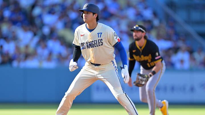Aug 22, 2026; Los Angeles, California, USA;  Los Angeles Dodgers designated hitter player Shohei Ohtani (17) takes a lead off second in the third inning against the Pittsburgh Pirates at Dodger Stadium. Mandatory Credit: Jayne Kamin-Oncea-Imagn Images