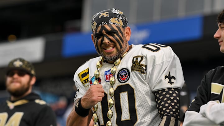 Dec 28, 2025; Nashville, Tennessee, USA;  New Orleans Saints fan against the Tennessee Titans during the first half at Nissan Stadium. Mandatory Credit: Steve Roberts-Imagn Images