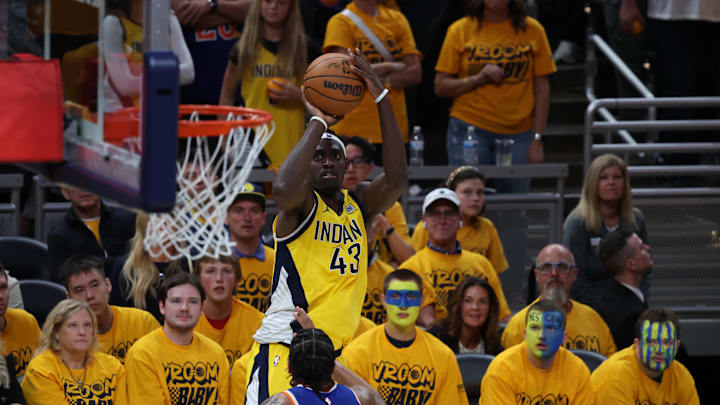 May 25, 2025; Indianapolis, Indiana, USA; Indiana Pacers forward Pascal Siakam (43) shoots a three point basket over New York Knicks guard Miles McBride (2) during the fourth quarter of game three of the eastern conference finals for the 2025 NBA Playoffs at Gainbridge Fieldhouse. Mandatory Credit: Trevor Ruszkowski-Imagn Images May 25, 2025; Indianapolis, Indiana, USA; Indiana Pacers forward Pascal Siakam (43) shoots a three point basket over New York Knicks guard Miles McBride (2) during the fourth quarter of game three of the eastern conference finals for the 2025 NBA Playoffs at Gainbridge Fieldhouse. Mandatory Credit: Trevor Ruszkowski-Imagn Images