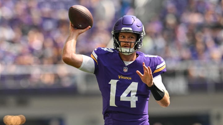Aug 10, 2024; Minneapolis, Minnesota, USA; Minnesota Vikings quarterback Sam Darnold (14) throws a pass against the Las Vegas Raiders during the first quarter at U.S. Bank Stadium. Mandatory Credit: Jeffrey Becker-USA TODAY Sports Aug 10, 2024; Minneapolis, Minnesota, USA; Minnesota Vikings quarterback Sam Darnold (14) throws a pass against the Las Vegas Raiders during the first quarter at U.S. Bank Stadium. Mandatory Credit: Jeffrey Becker-USA TODAY Sports
