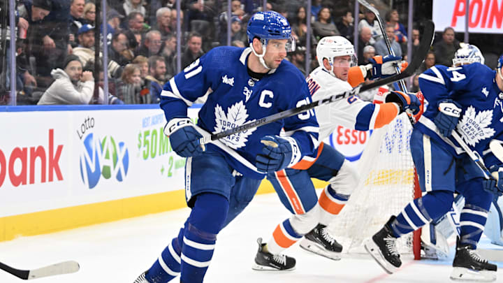 Feb 5, 2024; Toronto, Ontario, CAN;   Toronto Maple Leafs forward John Tavares (91) pursues the play