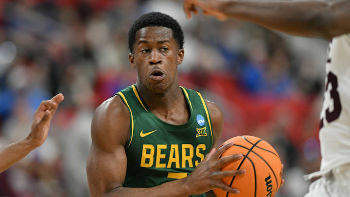 Mar 21, 2025; Raleigh, NC, USA; Baylor Bears guard VJ Edgecombe (7) has the ball against the Mississippi State Bulldogs during the second half in the first round of the NCAA Tournament at Lenovo Center. Mandatory Credit: Zachary Taft-Imagn Images
