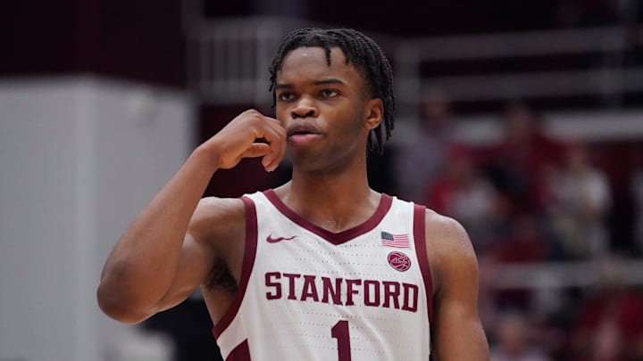 Feb 25, 2026; Stanford, California, USA;  Stanford Cardinal guard Ebuka Okorie (1) waits for play to resume against the Pittsburgh Panthers in the second half at Maples Pavilion. Mandatory Credit: David Gonzales-Imagn Images