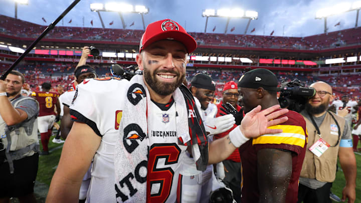 Sep 8, 2024; Tampa, Florida, USA; Tampa Bay Buccaneers quarterback Baker Mayfield (6) celebrates after beating the Washington Commanders at Raymond James Stadium. Mandatory Credit: Nathan Ray Seebeck-Imagn Images Sep 8, 2024; Tampa, Florida, USA; Tampa Bay Buccaneers quarterback Baker Mayfield (6) celebrates after beating the Washington Commanders at Raymond James Stadium. Mandatory Credit: Nathan Ray Seebeck-Imagn Images