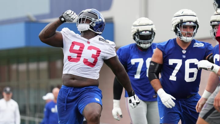 Jul 25, 2024; East Rutherford, NY, USA; New York Giants defensive tackle Rakeem Nunez-Roches (93) reacts during training camp at Quest Diagnostics Training Center. Jul 25, 2024; East Rutherford, NY, USA; New York Giants defensive tackle Rakeem Nunez-Roches (93) reacts during training camp at Quest Diagnostics Training Center.