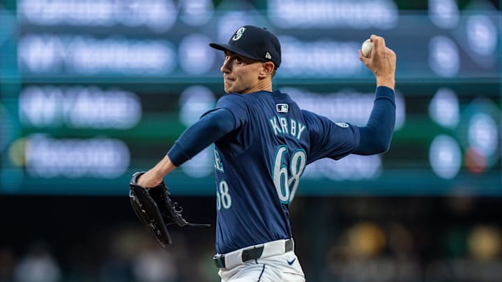 Seattle Mariners starter George Kirby (68) delivers a pitch against the San Diego Padres at T-Mobile Park in 2024. Seattle Mariners starter George Kirby (68) delivers a pitch against the San Diego Padres at T-Mobile Park in 2024.