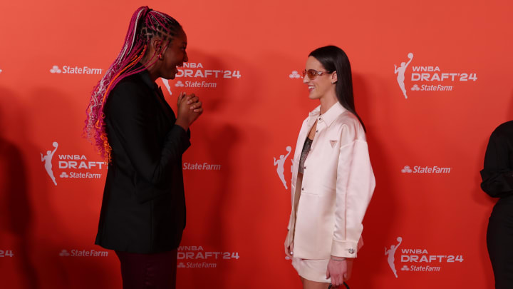 Apr 15, 2024; Brooklyn, NY, USA; Aliyah Boston with Caitlin Clark before the 2024 WNBA Draft Apr 15, 2024; Brooklyn, NY, USA; Aliyah Boston with Caitlin Clark before the 2024 WNBA Draft