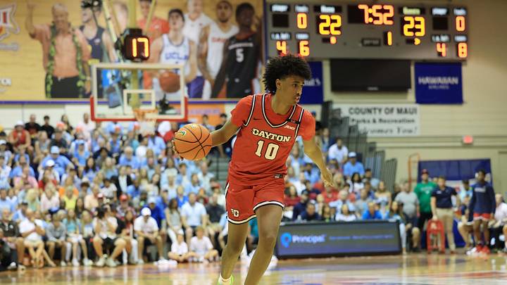Nov 25, 2024; Lahaina, Hawaii, USA;  Dayton Flyers guard Hamad Mousa (10) makes his way towards the basket against the North Carolina Tar Heels during the first half of an NCAA college basketball game at Lahaina Civic Center. Mandatory Credit: Marco Garcia-Imagn Images