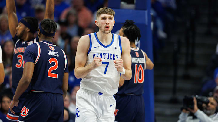 Mar 1, 2025; Lexington, Kentucky, USA; Kentucky Wildcats forward Andrew Carr (7) reacts after being fouled during the first half against the Auburn Tigers at Rupp Arena at Central Bank Center. Mandatory Credit: Jordan Prather-Imagn Images