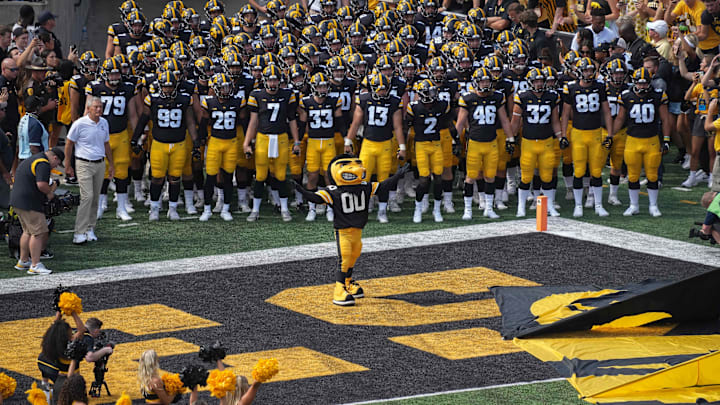 Herky the Hawk leads the Iowa football team onto the field prior to the start of the game against South Dakota State on Saturday, Sept. 3, 2022, at Kinnick Stadium in Iowa City.

Iowavssdsu 20220903 Bh