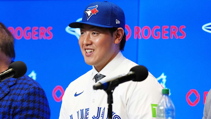 Jan 6, 2026; Toronto, Ontario, Canada; Toronto Blue Jays Kazuma Okamoto speaks to the media during the press conference at Rogers Centre. Mandatory Credit: Nick Turchiaro-Imagn Images