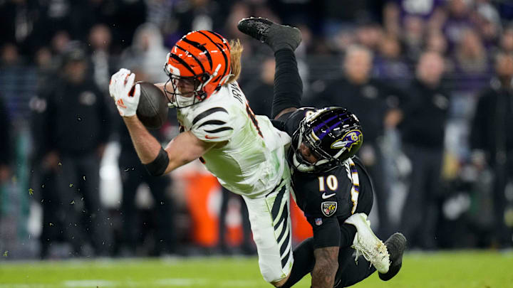 Cincinnati Bengals wide receiver Trenton Irwin (16) makes a diving catch against Baltimore Ravens cornerback Arthur Maulet (10) in the second quarter of the NFL Week 11 game between the Baltimore Ravens and the Cincinnati Bengals at M&T Bank Stadium in Baltimore on Thursday, Nov. 16, 2023. Cincinnati Bengals wide receiver Trenton Irwin (16) makes a diving catch against Baltimore Ravens cornerback Arthur Maulet (10) in the second quarter of the NFL Week 11 game between the Baltimore Ravens and the Cincinnati Bengals at M&T Bank Stadium in Baltimore on Thursday, Nov. 16, 2023.