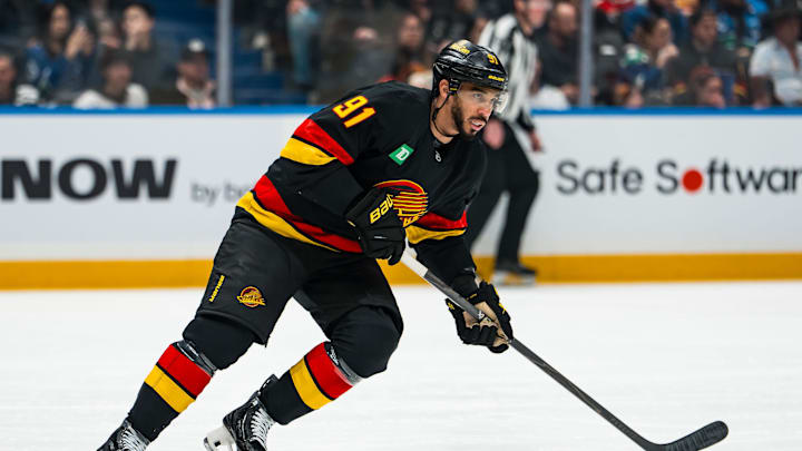 Jan 23, 2026; Vancouver, British Columbia, CAN; Vancouver Canucks forward Evander Kane (91) skates against the New Jersey Devils in the second period at Rogers Arena. Mandatory Credit: Bob Frid-Imagn Images