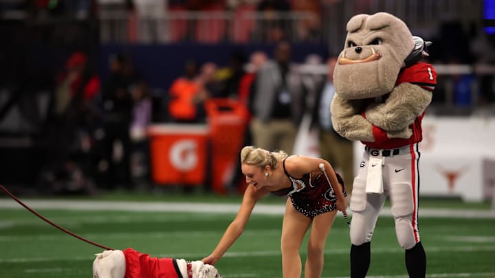 Dec 7, 2024; Atlanta, GA, USA; The Georgia Bulldogs mascot before the 2024 SEC Championship game at Mercedes-Benz Stadium. Mandatory Credit: Brett Davis-Imagn Images