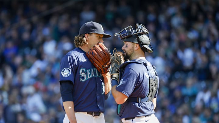 Sep 19, 2024; Seattle, Washington, USA; Seattle Mariners starting pitcher Logan Gilbert (36) talks with catcher Cal Raleigh (29) during the fifth inning against the New York Yankees at T-Mobile Park. Mandatory Credit: Joe Nicholson-Imagn Images