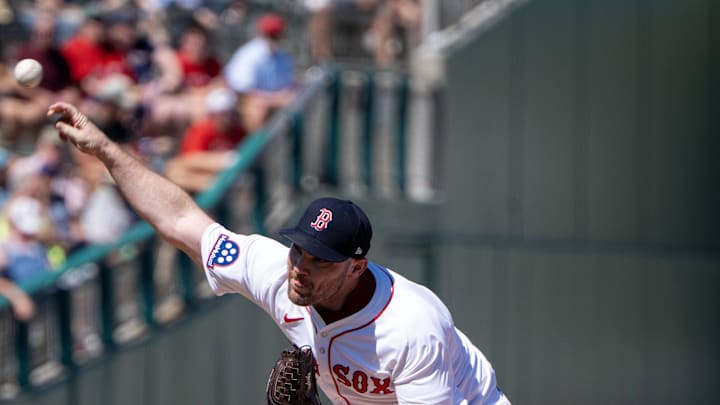 Boston Red Sox Liam Hendriks (31) pitching during the third inning of their game with the New York Mets at JetBlue Park at Fenway South in Fort Myers, Fla., on March 2, 2025.