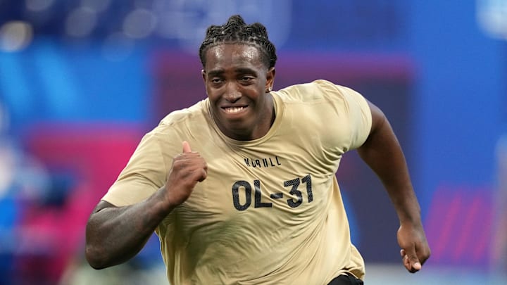 Mar 3, 2024; Indianapolis, IN, USA; Oklahoma offensive lineman Tyler Guyton (OL31) during the 2024 NFL Scouting Combine.