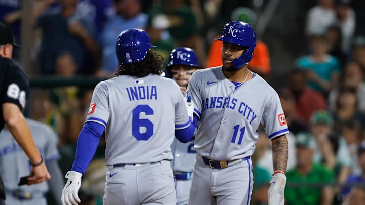 Sep 26, 2025; West Sacramento, California, USA; Kansas City Royals third baseman Maikel Garcia (11) congratulates second baseman Jonathan India (6) after hitting a three run home run during the fourth inning against the Athletics at Sutter Health Park. Mandatory Credit: Sergio Estrada-Imagn Images