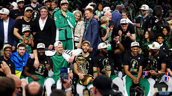 Jun 17, 2024; Boston, Massachusetts, USA; The Boston Celtics celebrates after beating the Dallas Mavericks in game five of the 2024 NBA Finals to the NBA Championship at TD Garden. Mandatory Credit: Peter Casey-USA TODAY Sports