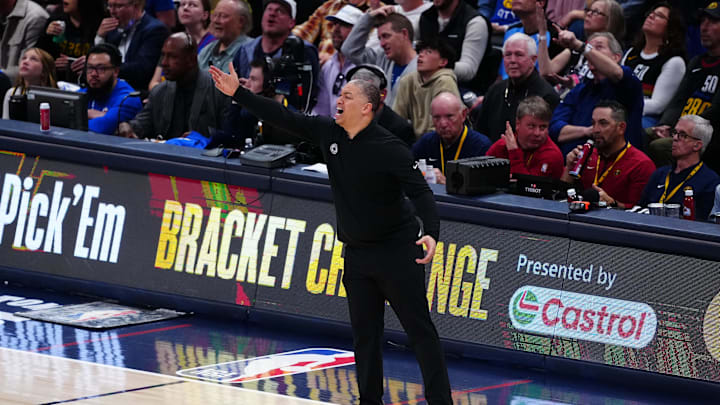 Apr 19, 2025; Denver, Colorado, USA; LA Clippers head coach Tyronn Lue calls out in the second quarter against the Denver Nuggets at Ball Arena. Mandatory Credit: Ron Chenoy-Imagn Images
