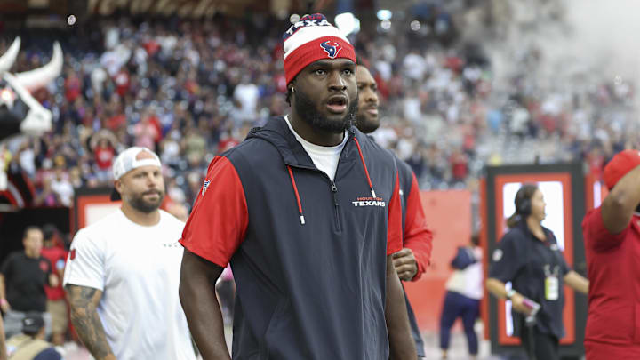 Aug 17, 2024; Houston, Texas, USA; Houston Texans defensive end Will Anderson Jr. before the game against the New York Giants at NRG Stadium. Mandatory Credit: Troy Taormina-Imagn Images