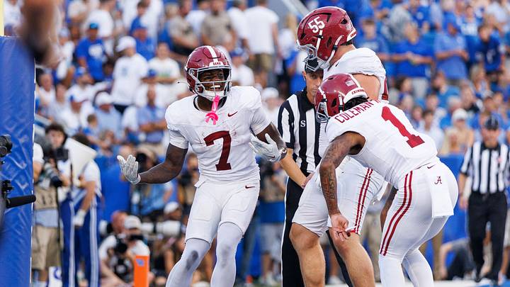 Sep 12, 2026; Lexington, Kentucky, USA;  Alabama Crimson Tide wide receiver Rico Scott (7) celebrates with offensive lineman Racin Delgatty (55) and wide receiver Ryan Coleman-Williams (1) after scoring a touchdown during the fourth quarter against the Kentucky Wildcats at Kroger Field.  Mandatory Credit: Jordan Prather-Imagn Images