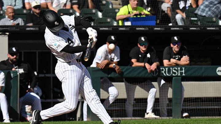 Sep 27, 2026; Chicago, Illinois, USA;  Chicago White Sox right fielder Braden Montgomery (24) hits a single during the third inning against the Colorado Rockies at Rate Field.  Mandatory Credit: Matt Marton-Imagn Images