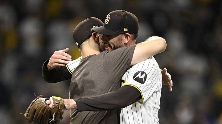 Sep 29, 2026; San Diego, California, USA; San Diego Padres pitcher Michael King (34) embraces pitcher Joe Musgrove (44) after defeating the against the Chicago Cubs during game one of the Wildcard round for the 2026 MLB Playoffs at Petco Park. Mandatory Credit: Denis Poroy-Imagn Images Sep 29, 2026; San Diego, California, USA; San Diego Padres pitcher Michael King (34) embraces pitcher Joe Musgrove (44) after defeating the against the Chicago Cubs during game one of the Wildcard round for the 2026 MLB Playoffs at Petco Park. Mandatory Credit: Denis Poroy-Imagn Images