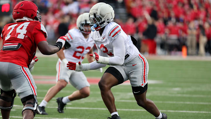 Apr 18, 2026; Columbus, OH, USA;  Ohio State defensive end Kenyatta Jackson Jr. (2) rushes the passer during the annual spring game at Ohio Stadium. Mandatory Credit: Joseph Maiorana-Imagn Images