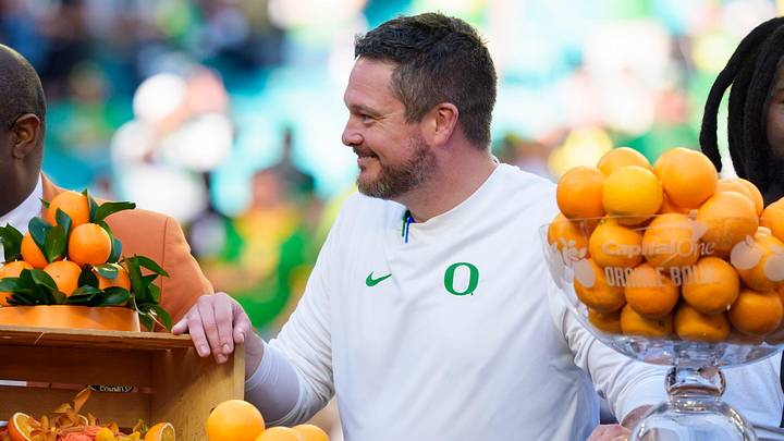 Oregon head coach Dan Lanning as the Oregon Ducks take on the Texas Tech Red Raiders in the Orange Bowl on Jan. 1, 2026, at Hard Rock Stadium in Miami, Florida.