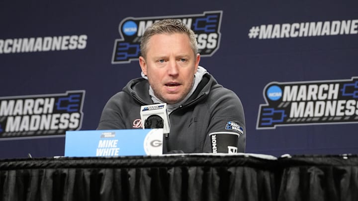 Mar 18, 2026; Buffalo, NY, USA; Georgia Bulldogs head coach Mike White answers questions during the press conference prior to their practice session ahead of the first round of the men's 2026 NCAA Tournament at Keybank Center. Mandatory Credit: Gregory Fisher-Imagn Images