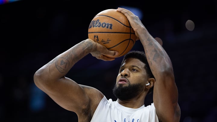 Dec 23, 2024; Philadelphia, Pennsylvania, USA; Philadelphia 76ers forward Paul George (8) before action against the San Antonio Spurs at Wells Fargo Center. Mandatory Credit: Bill Streicher-Imagn Images Dec 23, 2024; Philadelphia, Pennsylvania, USA; Philadelphia 76ers forward Paul George (8) before action against the San Antonio Spurs at Wells Fargo Center. Mandatory Credit: Bill Streicher-Imagn Images