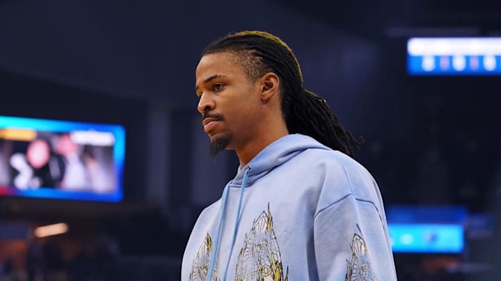 Jan 4, 2025; San Francisco, California, USA; Memphis Grizzlies guard Ja Morant (12) is sidelined with an injury for the game against the Golden State Warriors at Chase Center. Jan 4, 2025; San Francisco, California, USA; Memphis Grizzlies guard Ja Morant (12) is sidelined with an injury for the game against the Golden State Warriors at Chase Center.