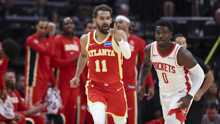 Oct 6, 2025; Houston, Texas, USA; Atlanta Hawks guard Trae Young (11) reacts after scoring during the first quarter against the Houston Rockets at Toyota Center. Mandatory Credit: Troy Taormina-Imagn Images Oct 6, 2025; Houston, Texas, USA; Atlanta Hawks guard Trae Young (11) reacts after scoring during the first quarter against the Houston Rockets at Toyota Center. Mandatory Credit: Troy Taormina-Imagn Images
