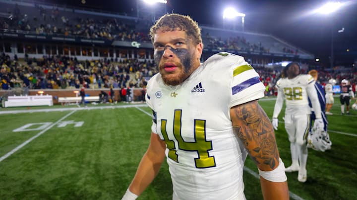 Nov 21, 2024; Atlanta, Georgia, USA; Georgia Tech Yellow Jackets linebacker Kyle Efford (44) after a victory over the North Carolina State Wolfpack at Bobby Dodd Stadium at Hyundai Field. Mandatory Credit: Brett Davis-Imagn Images