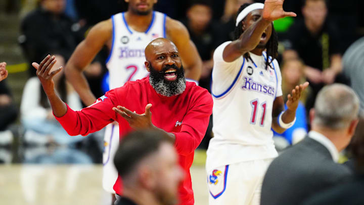 Jan 20, 2026; Boulder, Colorado, USA; Kansas Jayhawks assistant coach Jacque Vaughn reacts in the second half against the Colorado Buffaloes at the CU Events Center. Mandatory Credit: Ron Chenoy-Imagn Images
