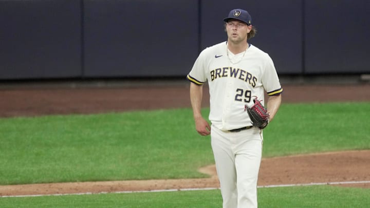 Brewers closer Trevor Megill (29) had another forgettable outing on Tuesday, April 14 as he blew a save by allowing three runs on three hits with a walk in the ninth inning against the Blue Jays at American Family Field.