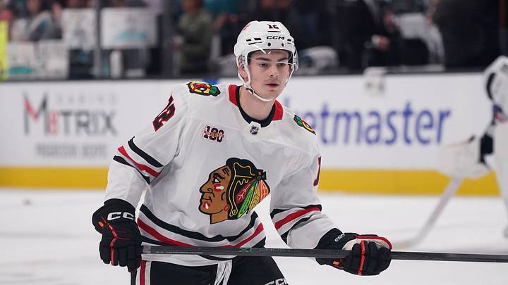 Apr 6, 2026; San Jose, California, USA;  Chicago Blackhawks center Sacha Boisvert (12) warms up before the game against the San Jose Sharks at SAP Center at San Jose. Mandatory Credit: David Gonzales-Imagn Images