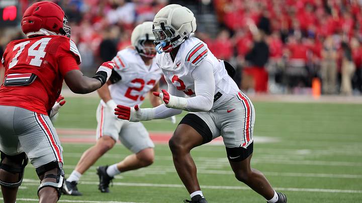 Apr 18, 2026; Columbus, OH, USA; Ohio State defensive end Kenyatta Jackson Jr. (2) rushes the passer during the annual spring game at Ohio Stadium. Mandatory Credit: Joseph Maiorana-Imagn Images Apr 18, 2026; Columbus, OH, USA; Ohio State defensive end Kenyatta Jackson Jr. (2) rushes the passer during the annual spring game at Ohio Stadium. Mandatory Credit: Joseph Maiorana-Imagn Images