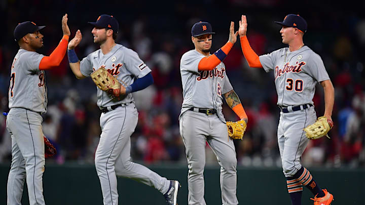 Sep 15, 2023; Anaheim, California, USA; Detroit Tigers second baseman Andy Ibanez (77) left fielder