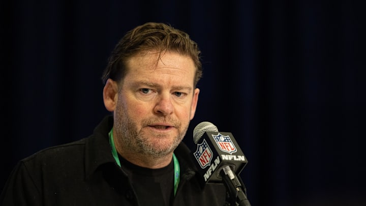 Seattle Seahawks general manager John Schneider talks to the media