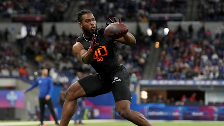 Mar 1, 2025; Indianapolis, IN, USA; Virginia Tech running back Bhayshul Tuten (RB30) during the 2025 NFL Combine at Lucas Oil Stadium. Mandatory Credit: Kirby Lee-Imagn Images