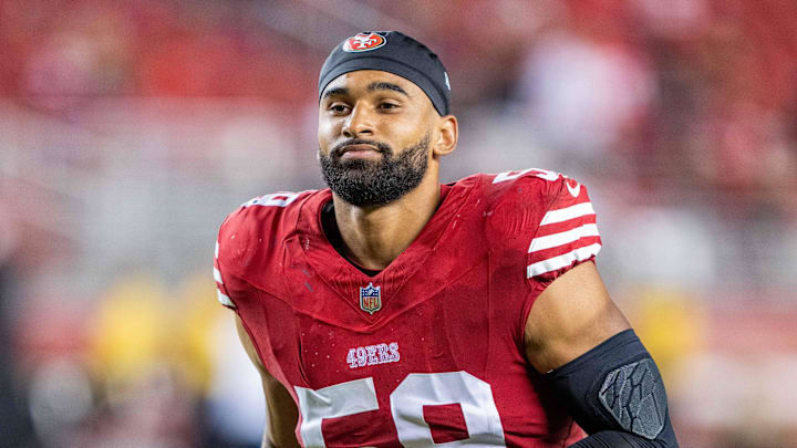 August 19, 2023; Santa Clara, California, USA; San Francisco 49ers linebacker Curtis Robinson (59) after the game against the Denver Broncos at Levi's Stadium. Mandatory Credit: Kyle Terada-Imagn Images