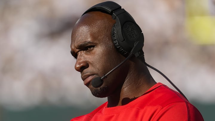 Oct 20, 2024; Green Bay, Wisconsin, USA;  Houston Texans head coach DeMeco Ryans looks on during the third quarter against the Green Bay Packers at Lambeau Field. Mandatory Credit: Jeff Hanisch-Imagn Images
