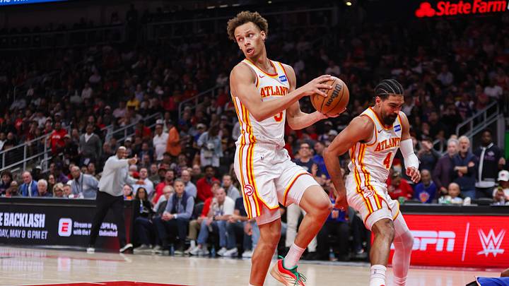 Apr 30, 2026; Atlanta, Georgia, USA; Atlanta Hawks guard Dyson Daniels (5) grabs a loose ball against the New York Knicks in the second quarter during game six of the first round of the 2026 NBA Playoffs at State Farm Arena. Mandatory Credit: Brett Davis-Imagn Images Apr 30, 2026; Atlanta, Georgia, USA; Atlanta Hawks guard Dyson Daniels (5) grabs a loose ball against the New York Knicks in the second quarter during game six of the first round of the 2026 NBA Playoffs at State Farm Arena. Mandatory Credit: Brett Davis-Imagn Images